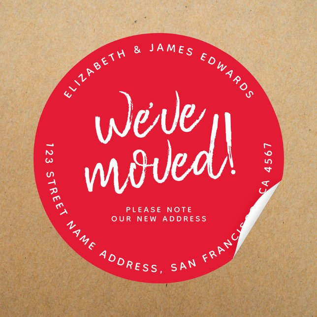 Sticker Rond Rouge Blanc Script Rustique Nous Avons Déménagé No (We've moved round sticker)
