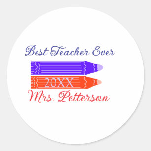 Sticker Rond Rouge bleu crayons meilleur enseignant jamais ajou
