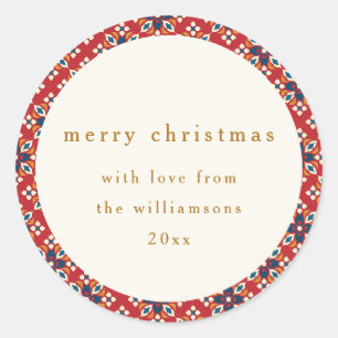 Sticker Rond Rouge Bleu Géométrique Noël Joyeux Personnalisé Vi