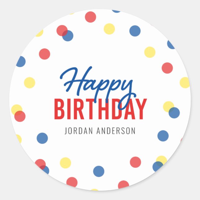 Sticker Rond Rouge bleu Jaune Confetti Joyeux anniversaire (Devant)