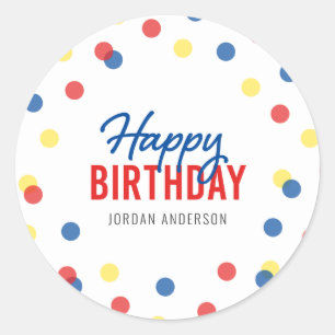 Sticker Rond Rouge bleu Jaune Confetti Joyeux anniversaire