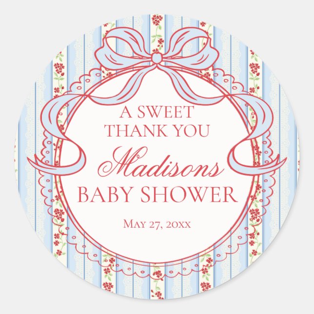 Sticker Rond Rouge Bleu Vintage Élégant Floral Baby Shower Cerc (Devant)