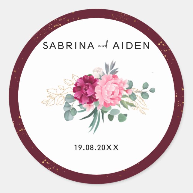Sticker Rond Rouge bordeaux romantique | Mariage floral rose pâ (Devant)