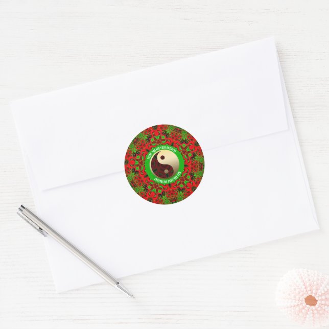 Sticker Rond Rouge brillant Vert or Yin Yang Merci (Enveloppe)