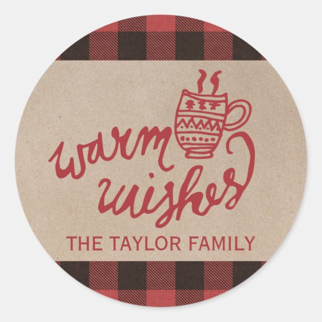 Sticker Rond Rouge Buffalo Plaid Warm Warm WNoël (Devant)