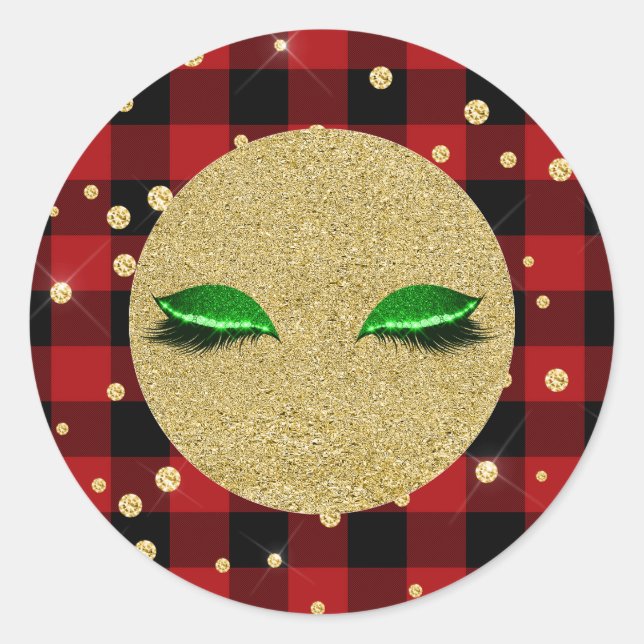 Sticker Rond Rouge Buffle Rouge Plaid Vert Or Lashes (Devant)