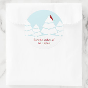 Sticker Rond Rouge Cardinal Bird Snow Scene Baking Noël