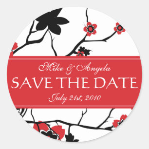 Sticker Rond Rouge cerise en fleurs Sakura Enregistrer la date