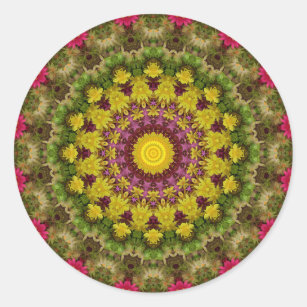 Sticker Rond Rouge clair, jaune et vert floral Mandala Art