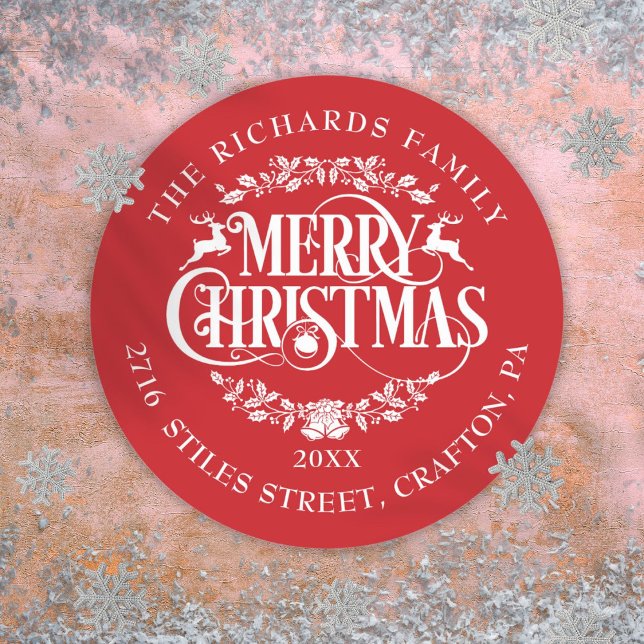 Sticker Rond Rouge Elégant Classique Personnalisé Joyeux Noël (Personalized Red Elegant Classic Merry Christmas Classic Round Sticker)