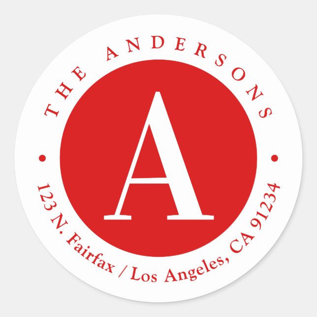 Sticker Rond Rouge et blanc | Adresse de retour du monogramme (Devant)