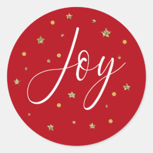 Sticker Rond Rouge et blanc Script Joy Gold Parties scintillant