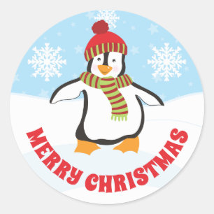 Sticker Rond Rouge et Casquette vert mignon Penguin de Noël