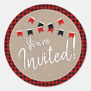 Sticker Rond Rouge et noir Lumberjack Check Vous êtes invité