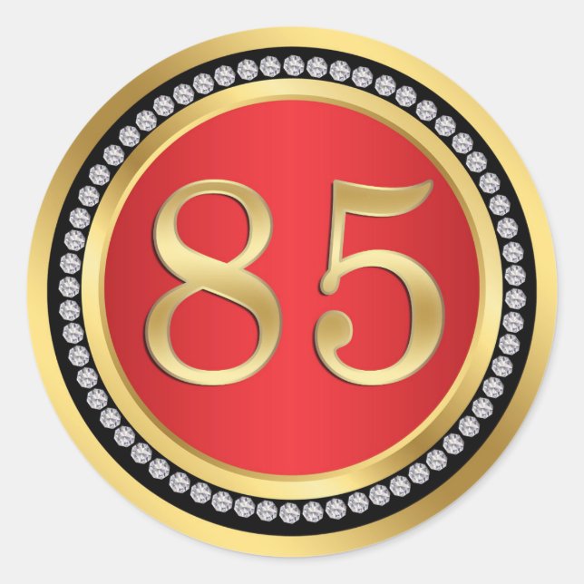 Sticker Rond Rouge et or, diamants imprimés 85e anniversaire (Devant)