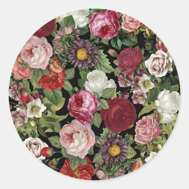 Sticker Rond Rouge Floral Végétal Noir Rustique (Devant)