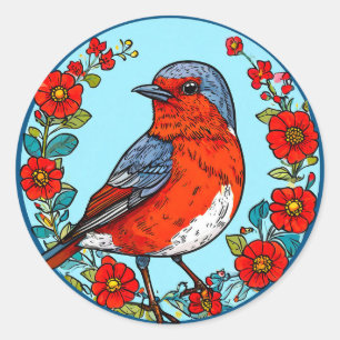 Sticker Rond Rouge-gorge eurasien perché sur une branche dans u