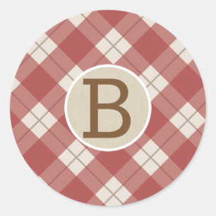 Sticker Rond Rouge Grenat Carreaux Kraft Monogramme Campagnard