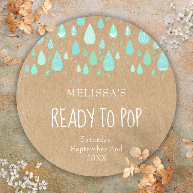 Sticker Rond Rouge Kraft Mint Green Raindrops prêt à la pop (Rustic Kraft Mint Green Raindrops Ready to Pop Classic Round Sticker)