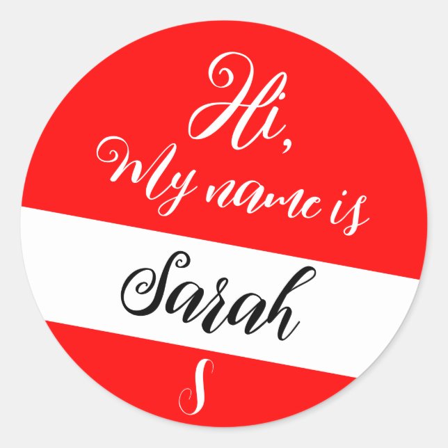 Sticker Rond Rouge (lettre initiale et nom) Bonjour, Mon nom es (Devant)