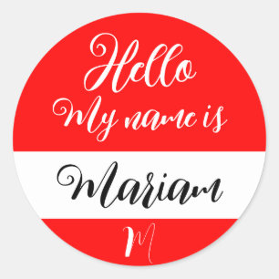 Sticker Rond Rouge (lettre initiale et nom) Bonjour Mon nom est