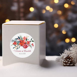 Sticker Rond Rouge Noël Poinsettia Élégant Mariage floral