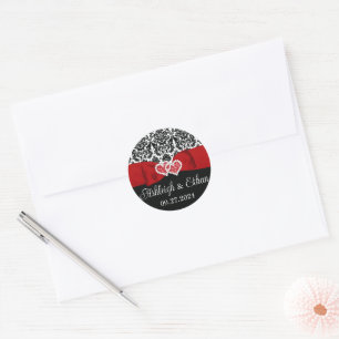 Sticker Rond Rouge, Noir, Blanc Damas Amour Coeurs Mariage