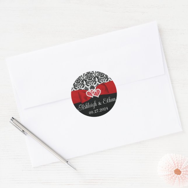 Sticker Rond Rouge, Noir, Blanc Damas Amour Coeurs Mariage (Enveloppe)