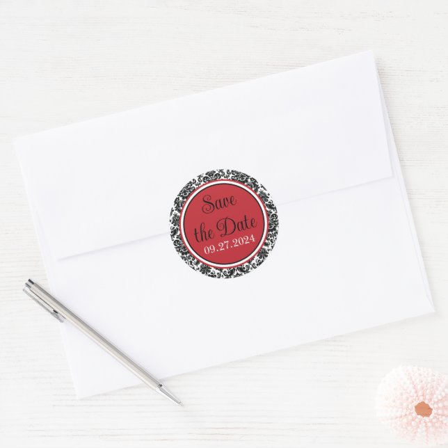Sticker Rond Rouge, noir, blanc Mariage damassé (Enveloppe)