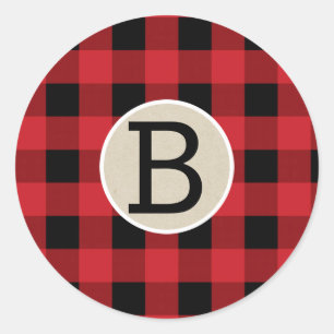 Sticker Rond Rouge Noir Buffalo Carreaux Vichy Kraft Monogramme