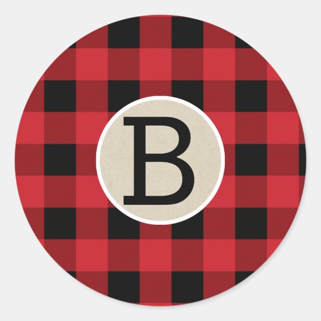 Sticker Rond Rouge Noir Buffalo Plaid Checker Kraft Monogramme (Devant)