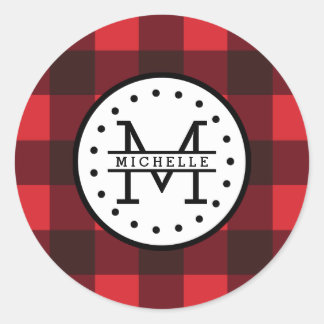 Sticker Rond Rouge noir Buffalo Plaid Nom de la sériole Monogra