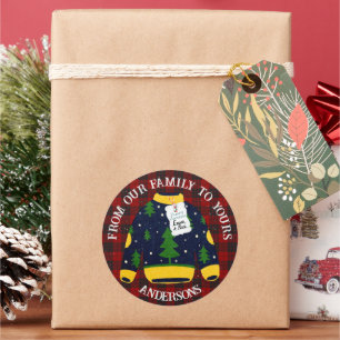 Sticker Rond Rouge Noir Carreaux Pull Ugly Merry Christmas