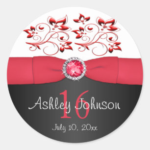 Sticker rond rouge, noir et blanc 16 1,5 po