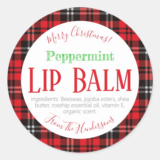 Sticker Rond Rouge Noir Plaid Noël Peppermenthe Lèvres Balm (Devant)
