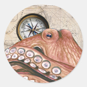 Sticker Rond Rouge Octopus Compass Carte Vintage beige