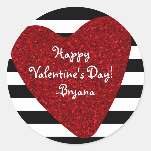 Sticker Rond Rouge Pailleté Aspect Cœur Noir Blanc Saint-Valent (Devant)