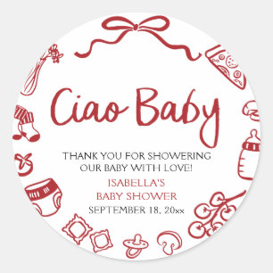 Sticker Rond Rouge Pizza Italienne Dessinée à la Main Ciao Bébé