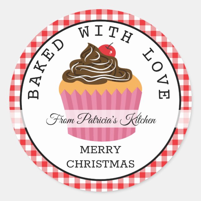 Sticker Rond Rouge Plaid Cuit Avec Des Cupcakes De Noël Amoureu (Devant)