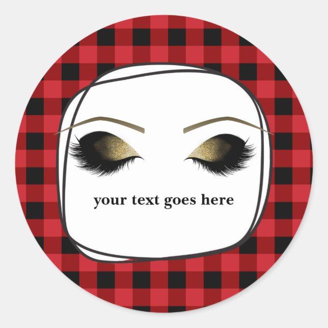 Sticker Rond Rouge Plaid Rustique Glam Gold Maquillage Eyelashe (Devant)