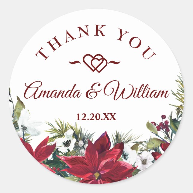 Sticker Rond Rouge Poinsettia Floral Mariage de Noël Merci (Devant)