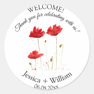 Sticker Rond Rouge Poppies Aquarelle Floral Mariage moderne