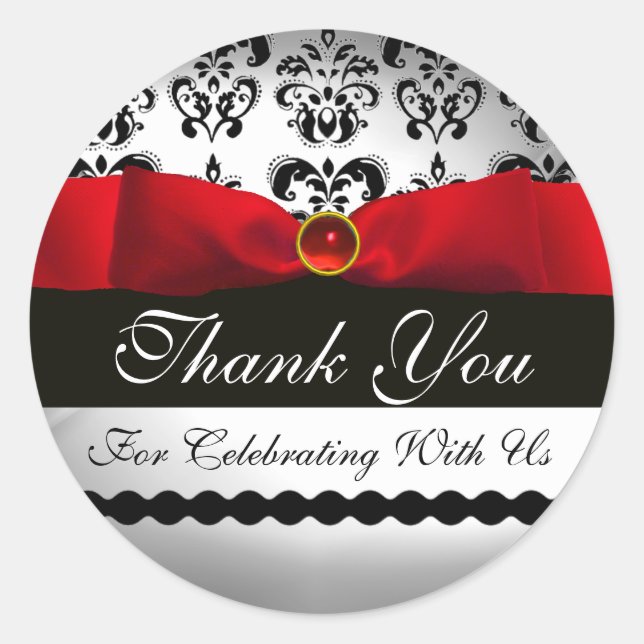 STICKER ROND ROUGE RIBBON BLACK & BLANC DAMASK (Devant)