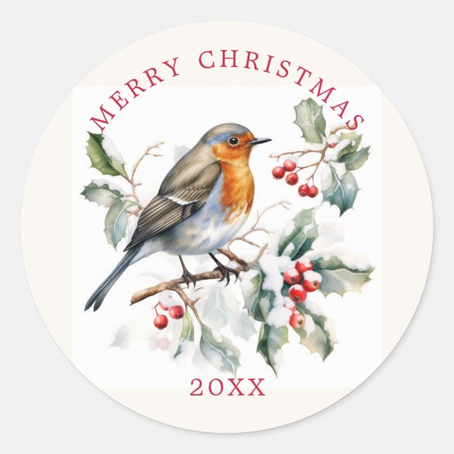 Sticker Rond Rouge Robin Holly Baie Rouge de Noël (Devant)