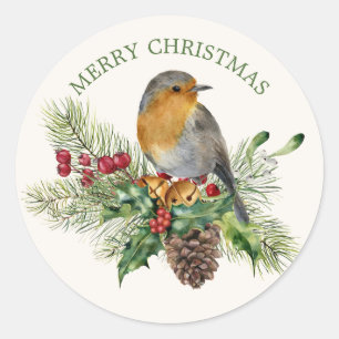 Sticker Rond Rouge robin, pin, cônes, saint mistletoe Noël