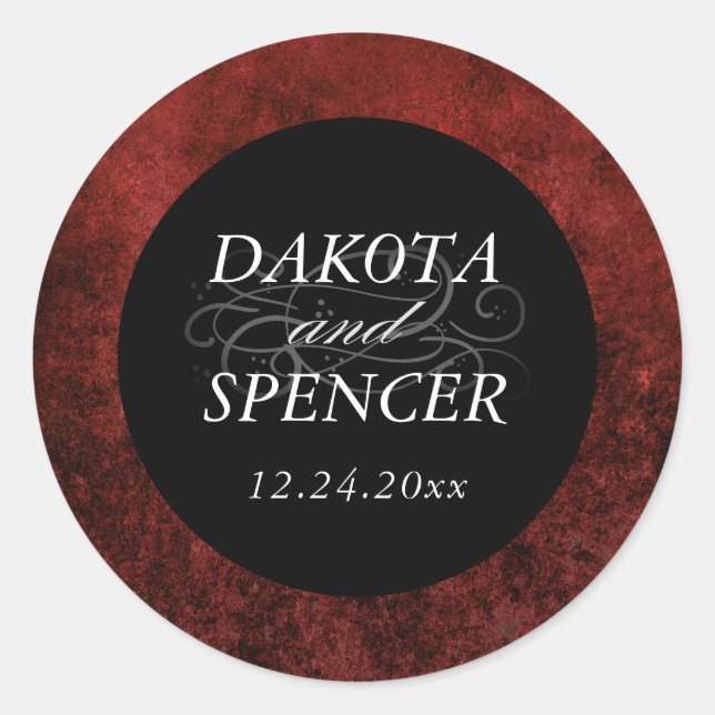 Sticker Rond Rouge Rubis | Noms de mariage classiques Grunge (Devant)