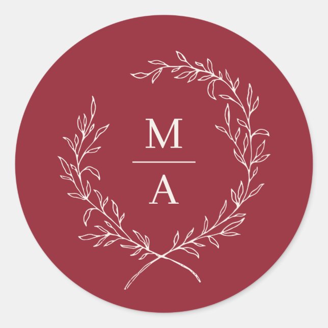 Sticker Rond Rouge rustique Simple Elégant Laurel Wreath Monogr (Devant)