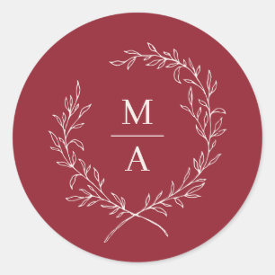 Sticker Rond Rouge rustique Simple Elégant Laurel Wreath Monogr