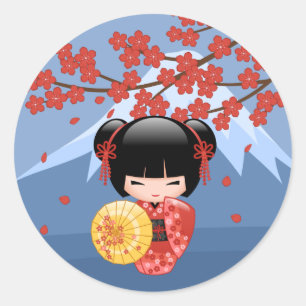 Sticker Rond Rouge Sakura Kokeshi Doll Cute Geisha Girl Blue