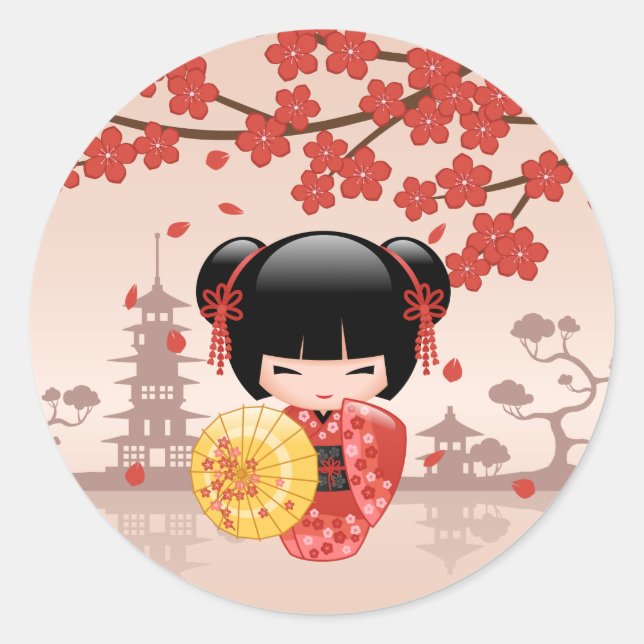 Sticker Rond Rouge Sakura Kokeshi Poupée Japonaise Geisha Beige (Devant)